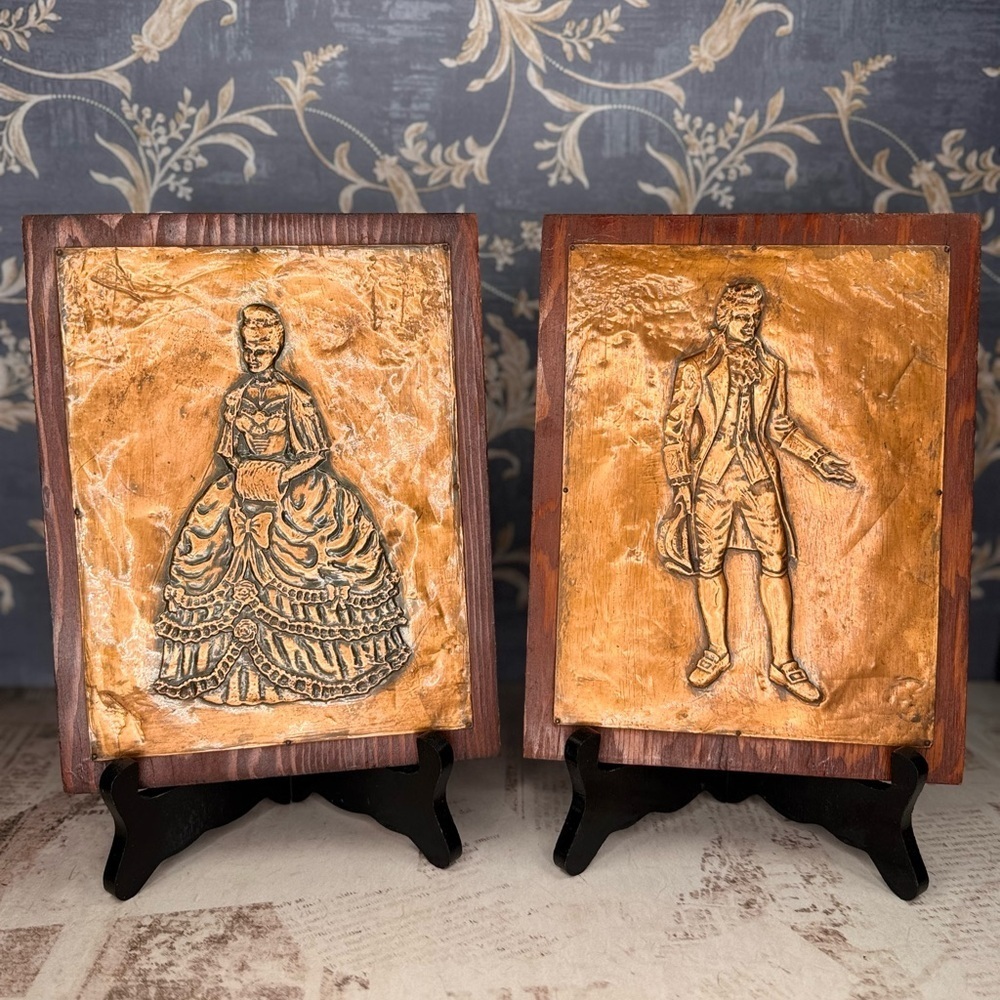 Vintage Copper Relief Wall Plaques Colonial Man & Woman on Wood (Pair)